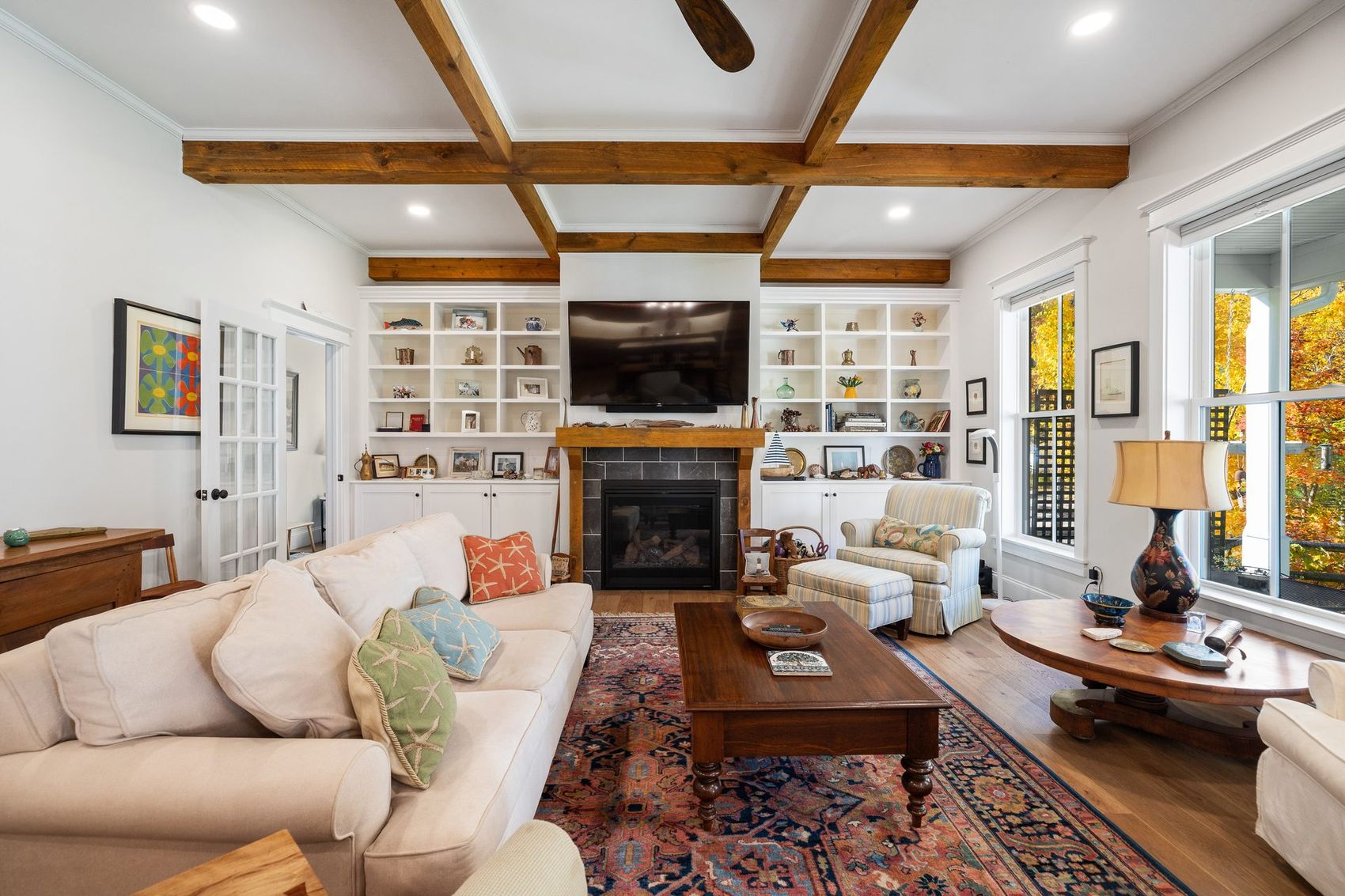Family room with fireplace and built-ins